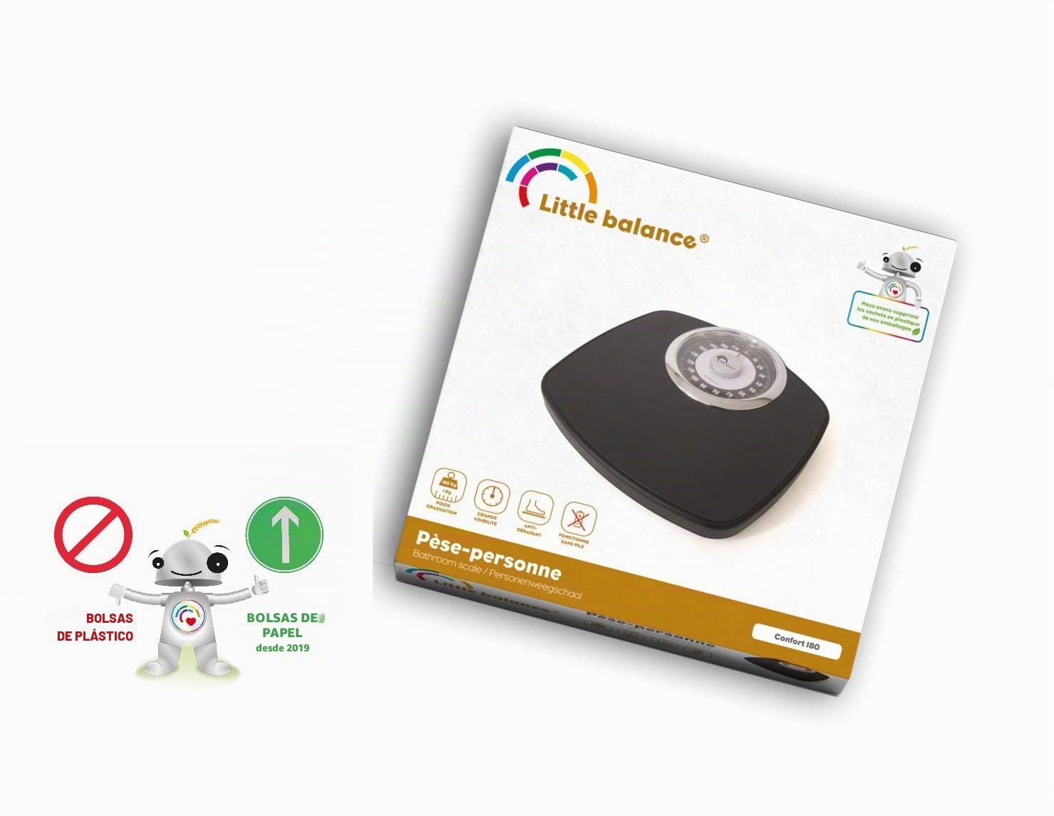 LITTLE BALANCE 8400 Confort 180, Báscula mecánica con pantalla XL, forma compacta, 180 kg, negro/cromo