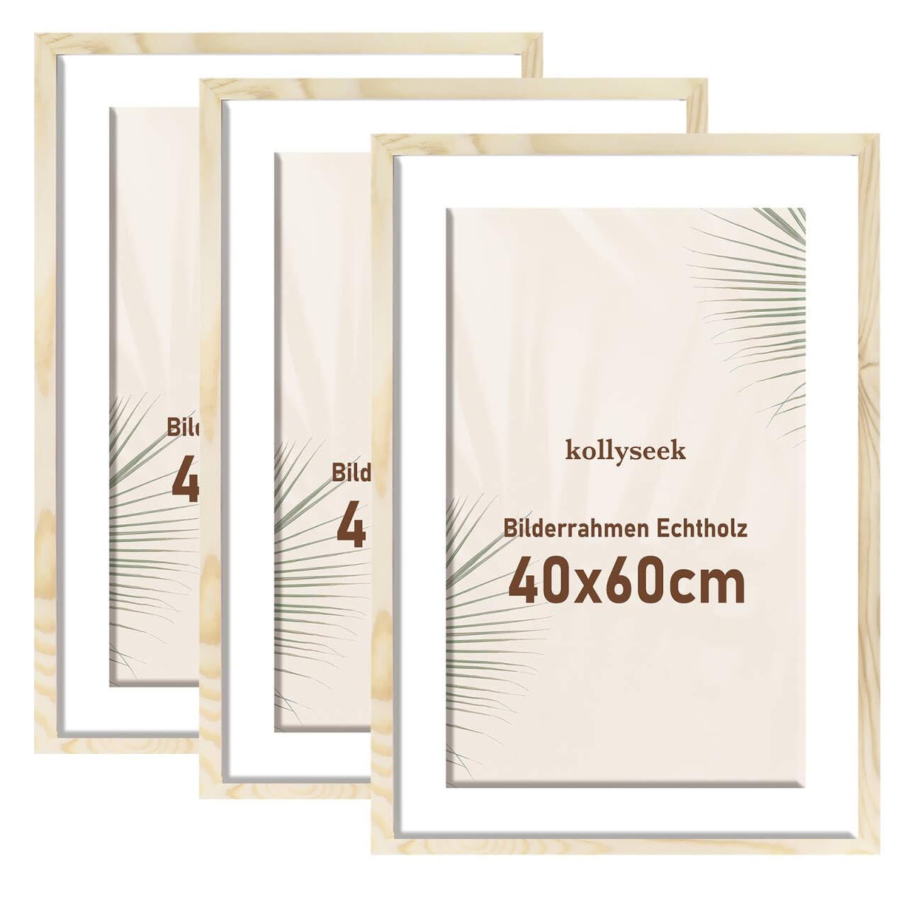 kollyseek Bilderrahmen 40x60cm Holz 3er Set mit Passepartout Pine Echtholz Rahmen mit Acrylglas Kieferholz Fotorahmen mit Bruchsicherem Acrylglas platten bilderrahmen Wood zimmer deko