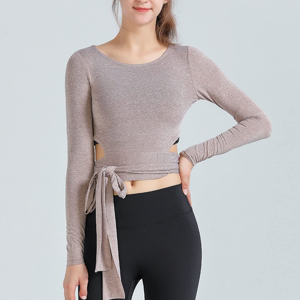 HSQMA Camiseta de yoga de entrenamiento para mujer, camiseta de manga larga sin costuras, ajuste holgado, transpirable, para yoga, entrenamiento, gimnasio, para mujer, ajuste relajado, ligero, cuello