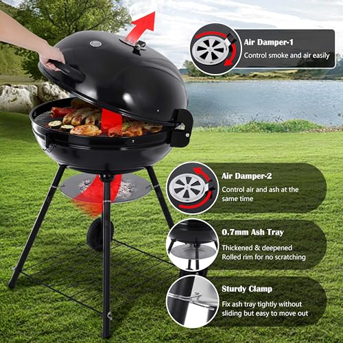 HaSteeL-22-Inch-Charcoal-Grill-2-Layer-Grilling-Racks-Heavy-Duty-Kettle-Outdoor-BBQ-Grill-Large-355-Square-Inches-for-Camping-Backyard-Picnic-Patio-Barbecue-Cooking-Round-Black-Enamel-Lid-Bowl