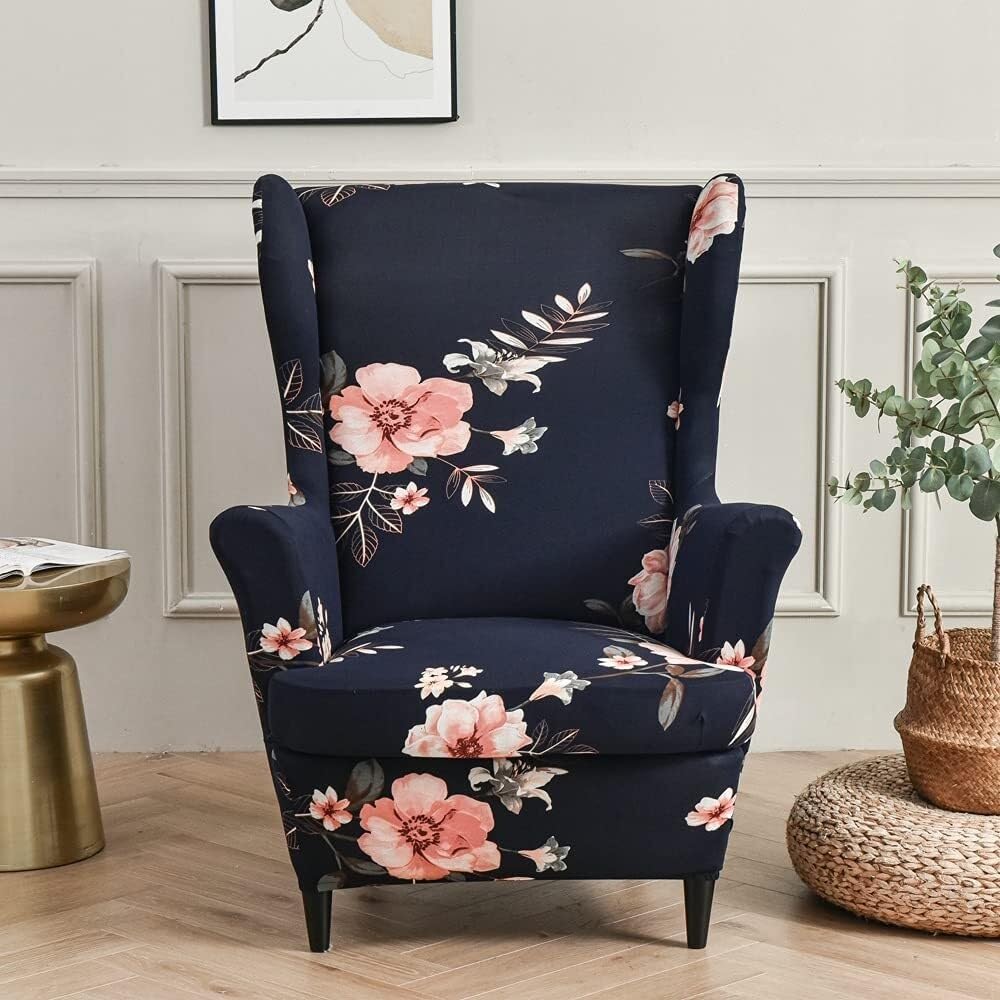 2-Pezzi Copripoltrona con Orecchie Elasticizzato, Elegante Fiori Copridivano da 1 Posto Strandmon con Fodera per Cuscino, per Bar Soggiorno Camera da Letto Reception(C)