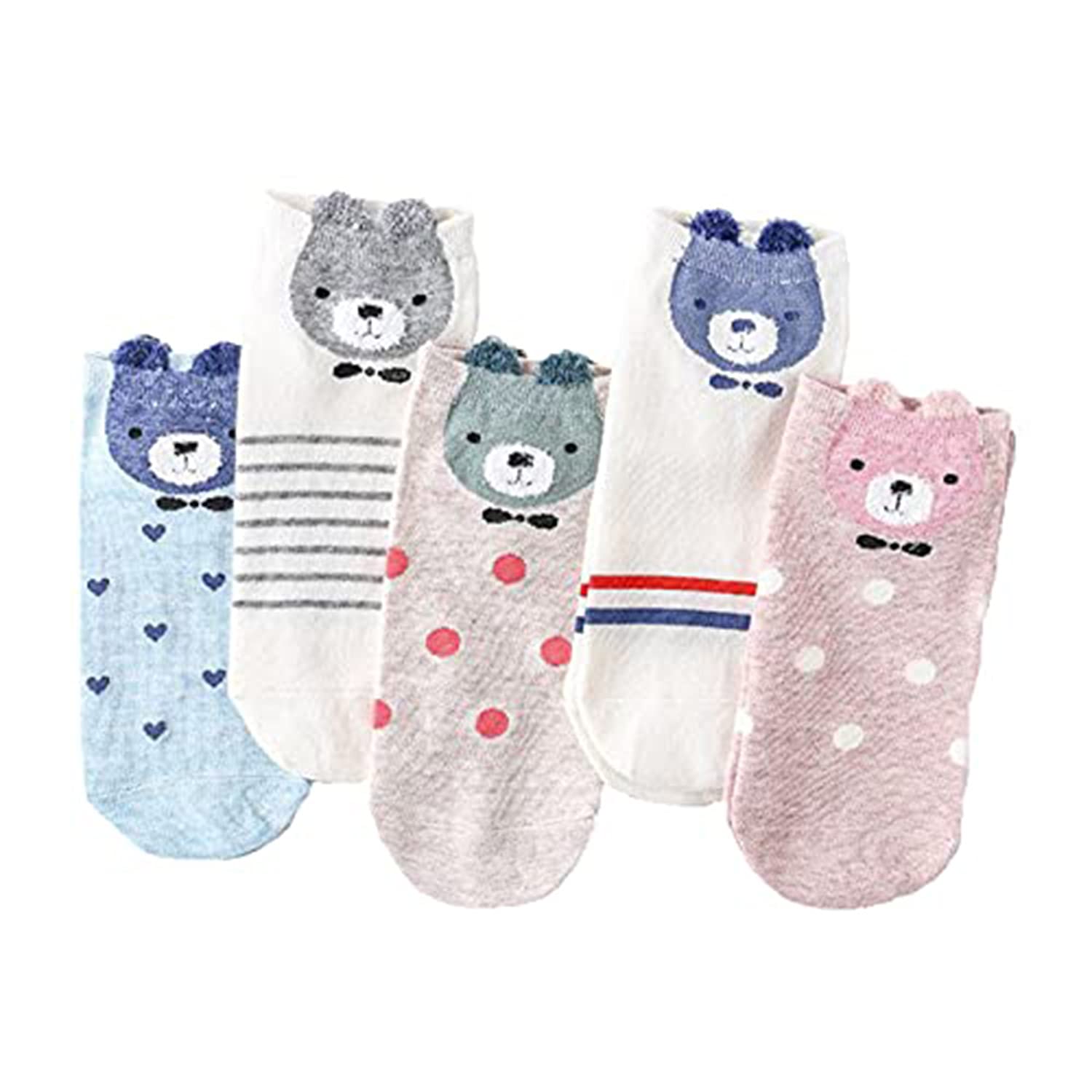 INFISPACEUnisex 3D Teddy Bear Low Cut Ankle Socks (Pack of 5, Assorted)