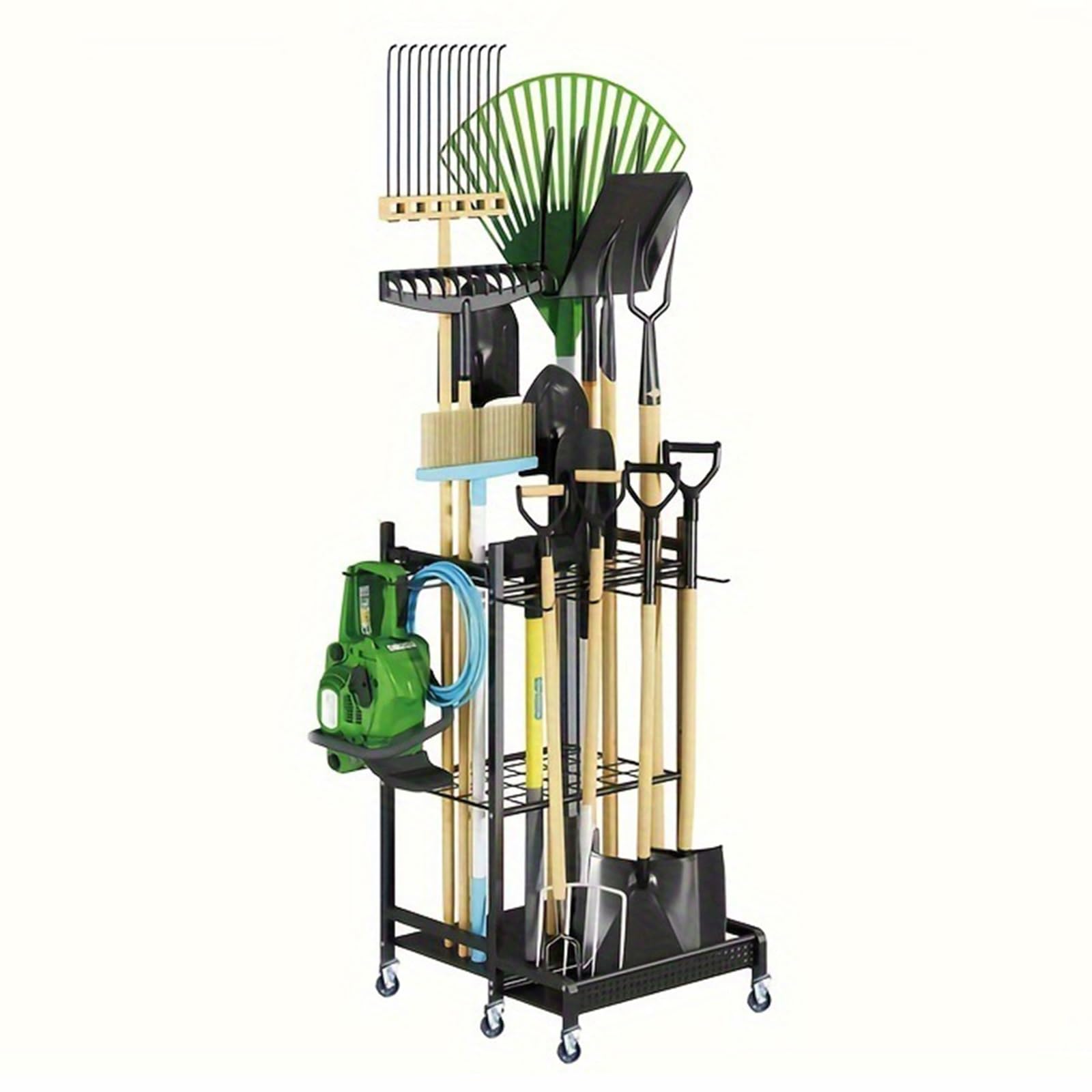 Organizador de Herramientas de jardín con Ruedas, Soporte para Escoba, fregona, Pala, rastrillo, cobertizo de Garaje, Soporte para Herramientas de Exterior, Torre para Herramientas