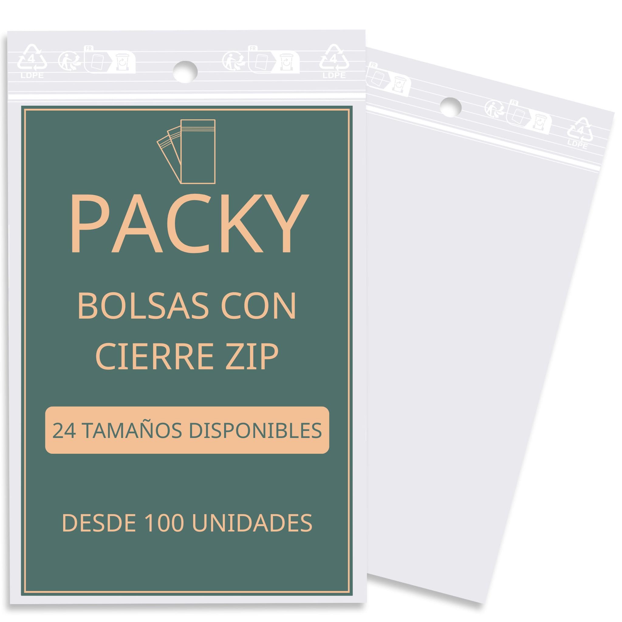 PACKY - Bolsas Zip 25x35 cm - 100 Unidades - Autocierre - Plástico Transparente - Alimentos