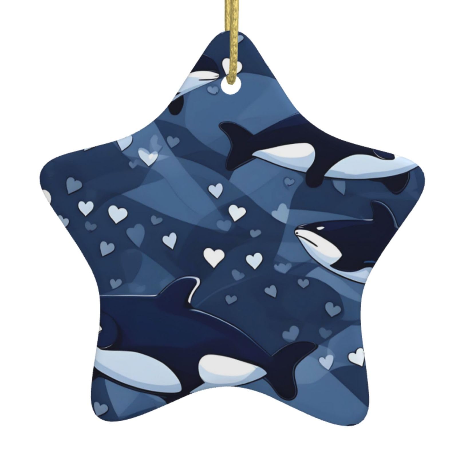 Blue Killer Whale Christmas Ceramic Star Pendant with Punched Holes and Gold Wire Rope, Christmas Tree Home Decoration