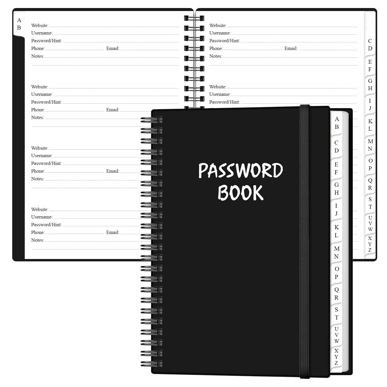 Passwortbuch mit alphabetischen Registerkarten – großes Passwort-Tagebuch, Notizbuch für Computer- und Webseiten-Logins, 16,3 x 21,6 cm, Schwarz