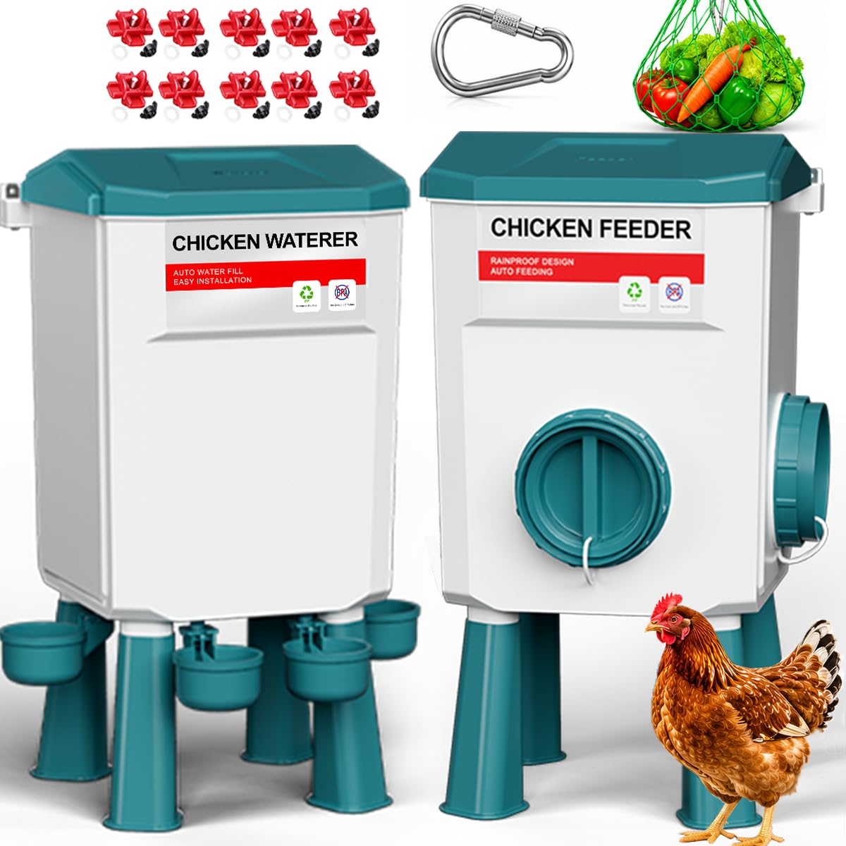 Juego de comedero y bebedero de pollo, sistema automático de alimentación de aves de corral sin residuos, alimentador de 17 libras y bebedero de 7 litros, kit de gallinero 4 en 1 con soporte
