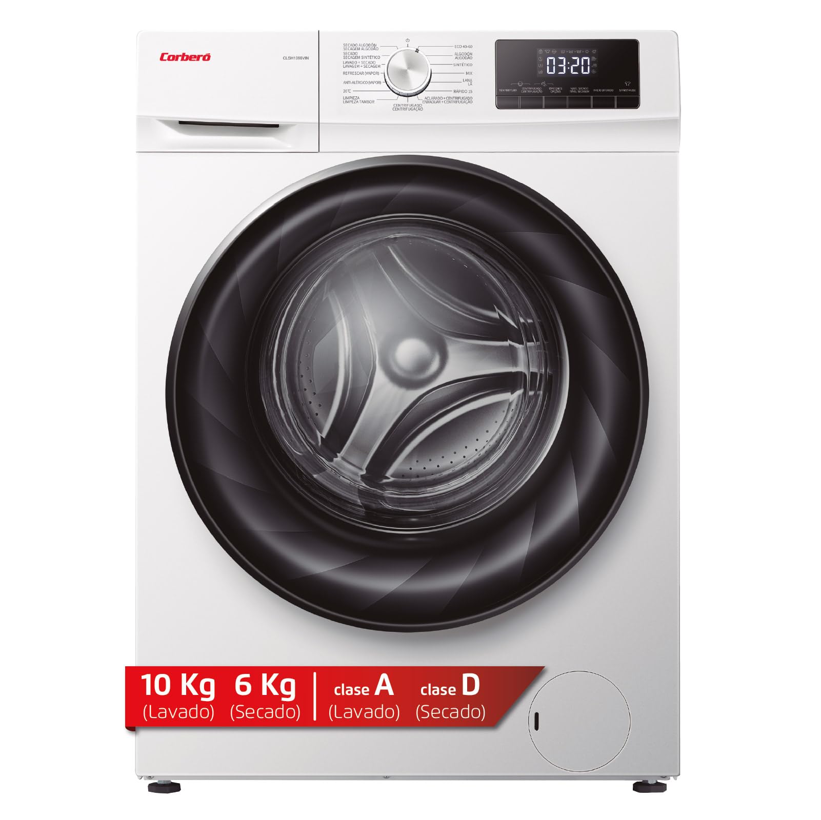 Corberó - Lavadora Secadora Carga Frontal | CLSH1066VIN | 10 kg / 6 kg | 1400 rpm | Motor Inverter | 15 Programas | Lavado Jet y Función Vapor | Función Antialérgico| Programa rápido | Blanco