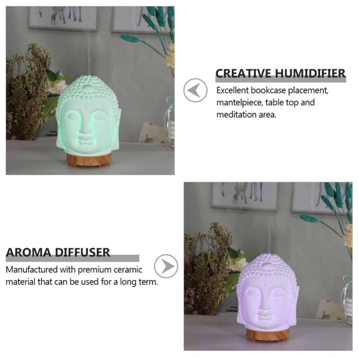 Diffusore Aromaterapia Buddha in Ceramica Bianca, Ac220 10w, Umidificatore | Capacità Sotto 1l, Uso Silenzioso e Portatile, Living Room e Office Desk