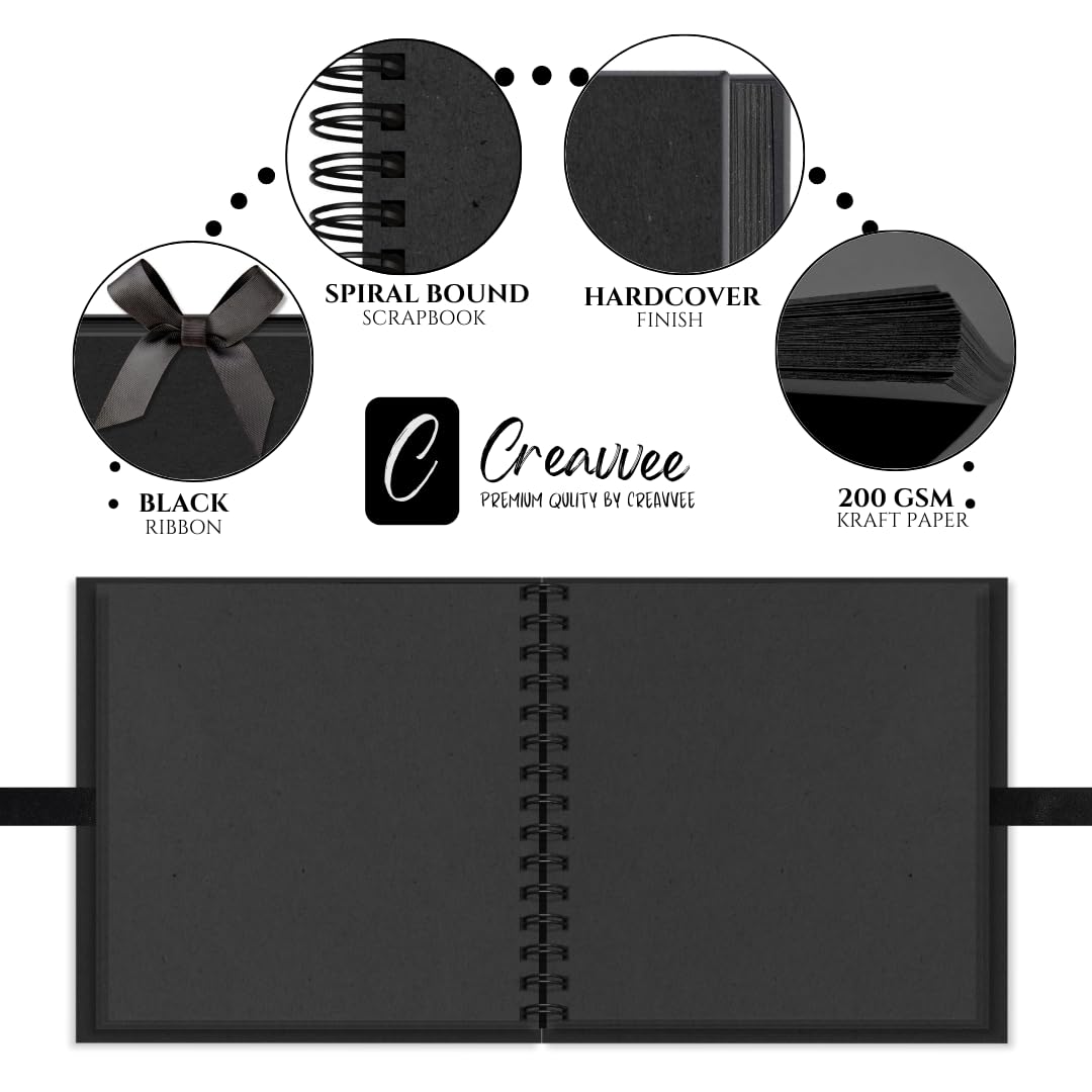 Scrapbook Photo Album 100 Pages (20 x 20 cm), Black Spiral-Bound Kraft Paper, Hard Cover with Ribbon Closure - Image 3