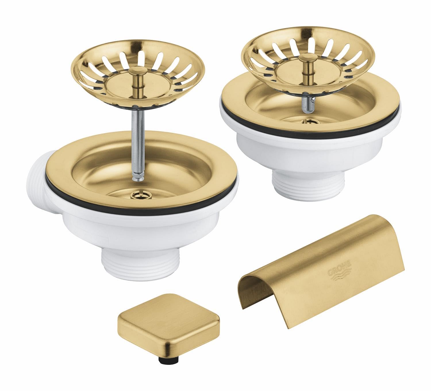 GROHE Ensemble de vidage pour évier de cuisine 2 cuves (1 vidage pop-up avec bouton carré télécommandé, 1 vidage manuel, couvercle de trop-plein et 2 passoires), or brossé, 40999GN0