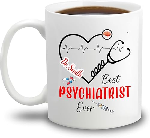Miniatura 8 de Taza de cerámica blanca personalizada del mejor psiquiatra del mundo con nombre de psiquiatra, taza de café personalizada del mejor psiquiatra del