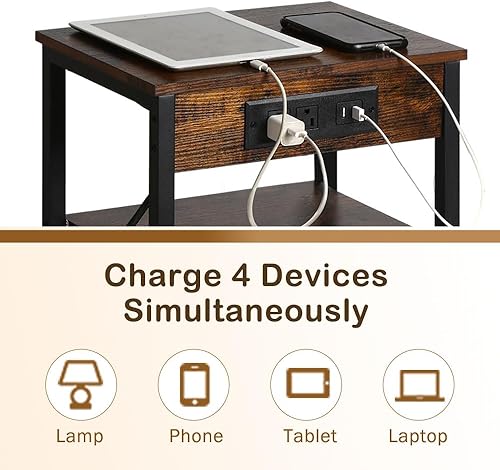 Miniatura 6 de Mesa auxiliar LED con estación de carga, mesa auxiliar pequeña para sala de estar, mesita de noche con puertos USB y tomacorrientes, mesita de noche