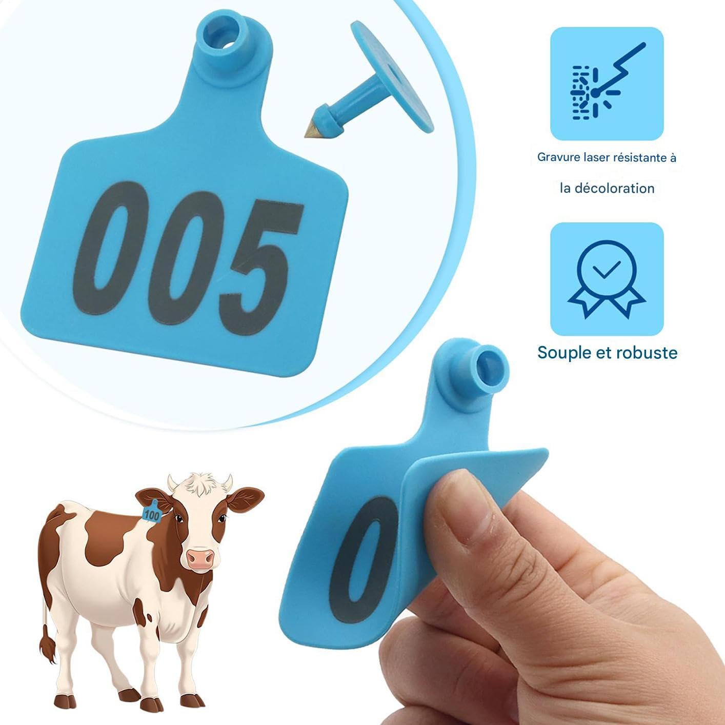 Boucles Auriculaires Pour Bovins | Étiquettes de pour Moutons - Étiquettes Numérotées 001-100 avec Applicateur pour Gestion d'Élevage Bovins Ovins Caprins
