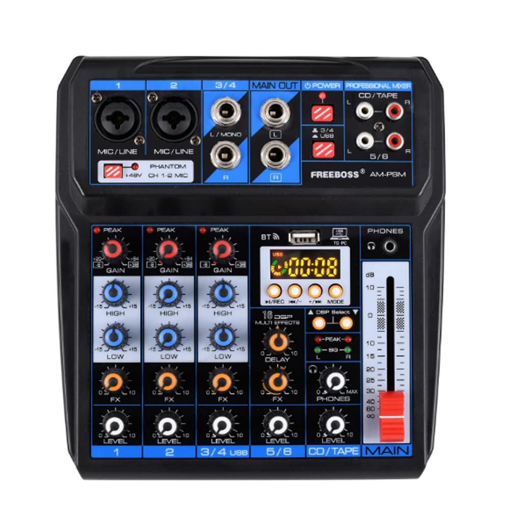 Mixer DJ a 6 canali, interfaccia audio per console USB/MP3/Bluetooth/DJ con interfaccia digitale 48 V Phantom Power Stereo per live streaming Youtube / PC / studio di registrazione / gaming