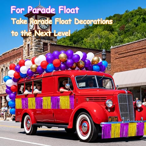 Image of 4 Packs Total 39 Ft Graduation Parade Floats for Trailer Car, Purple Gold Foil Fringe Garland Tinsel Streamers Banner Table Skirts for Graduation Homecoming Birthday Party (Purple Gold)