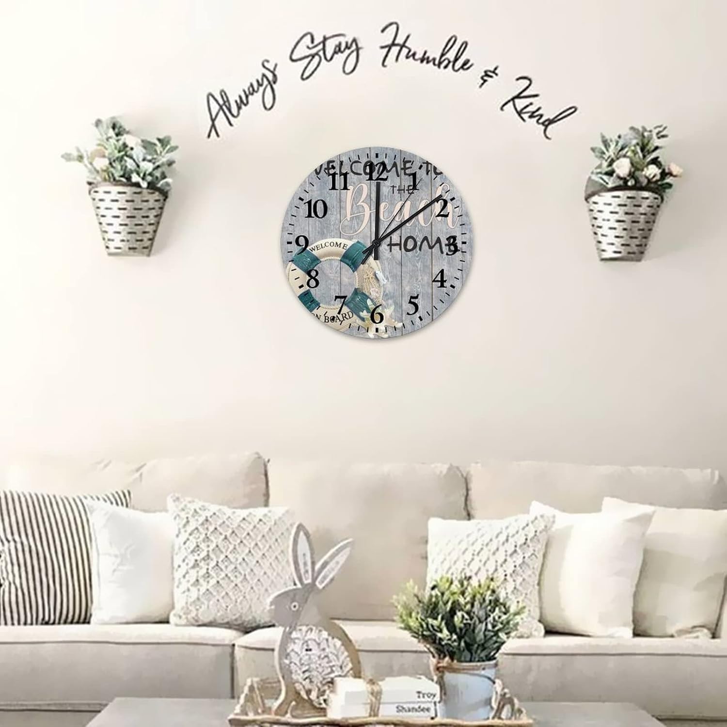 12 Inch Welcome to The Beach Home Clock Wood Battery Operated Silent Non-Ticking Ocean Theme Beach Bathroom Decor Silent Wall Clock Arabic Numbers Round Clock for Kitchen Dining Room