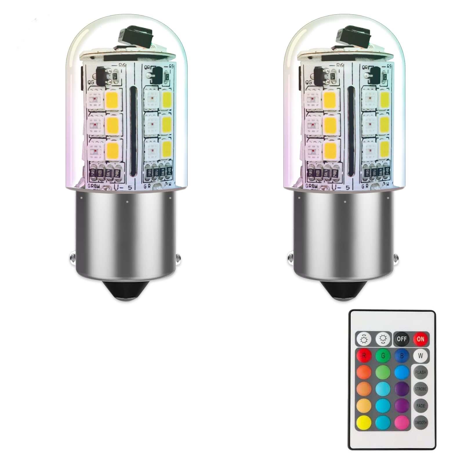 La lámpara LED 1141 1156 BA15S con cambio de color RGB 3W 12V, casquillo de bayoneta de contacto único, RGB + blanco cálido 2700K (2 bombillas y un control remoto)
