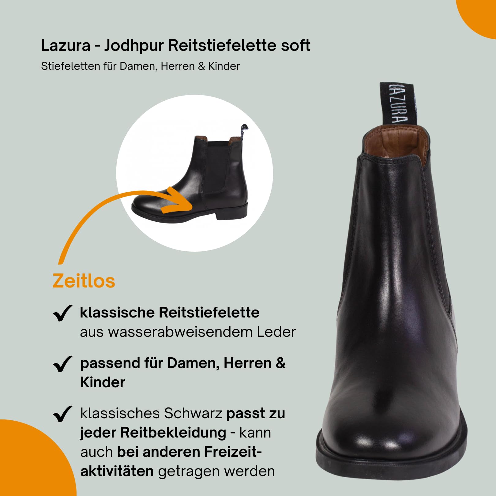 Lazura - Jodhpur Reitstiefelette Basic Plus | Kinder, Herren & Damen Stiefeletten mit Elastikeinsatz & Pull-On | schwarze Chelsea Boots aus Leder | Reitschuhe in Größe 28-46