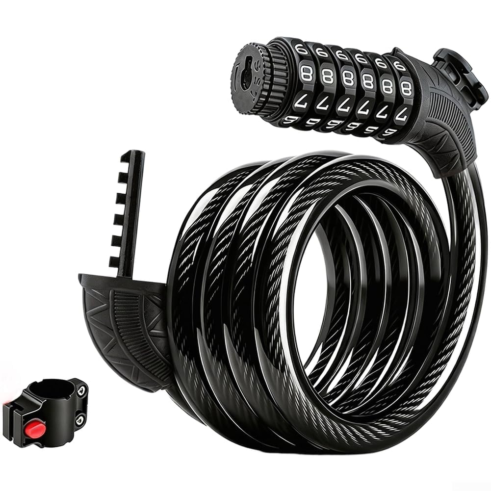 Lucchetto per bicicletta, 11 mm, in acciaio, con combinazione a 6 cifre, antifurto, senza chiave, per ciclismo, nero (A)