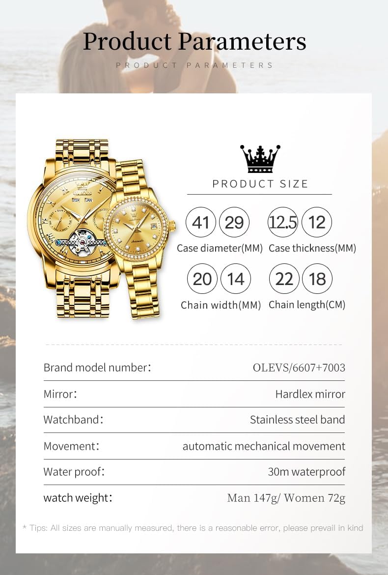OLEVS Couple Watch Set his and Hers Automatic Matching Romantic Men Women Wrist Watches Pair