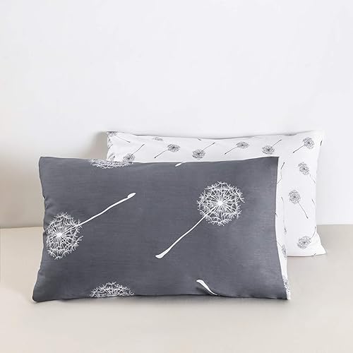 Miniatura 7 de YuHeGuoJi Juego de 2 fundas de almohada 100 % algodón, estampado floral de diente de león, color gris, blanco, con cierre de sobre, calidad de