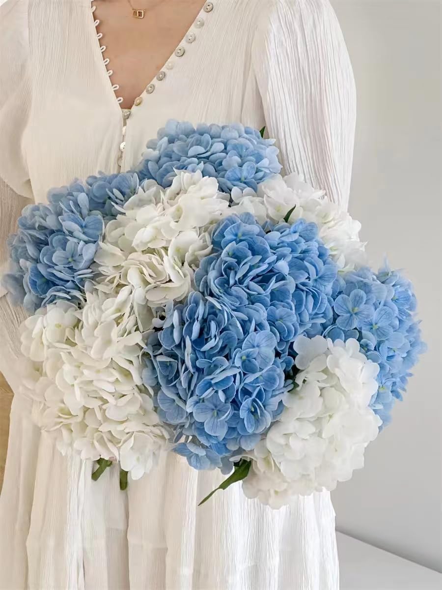 Kimura's Cabin 5Pcs 21inch Real Touch White Hydrangeas Flowers Realistic Hydrangea Artificial Flower with Stem Bouquet for Wedding Birthday Party Home Interior Dining Table Centre Decoration (White)