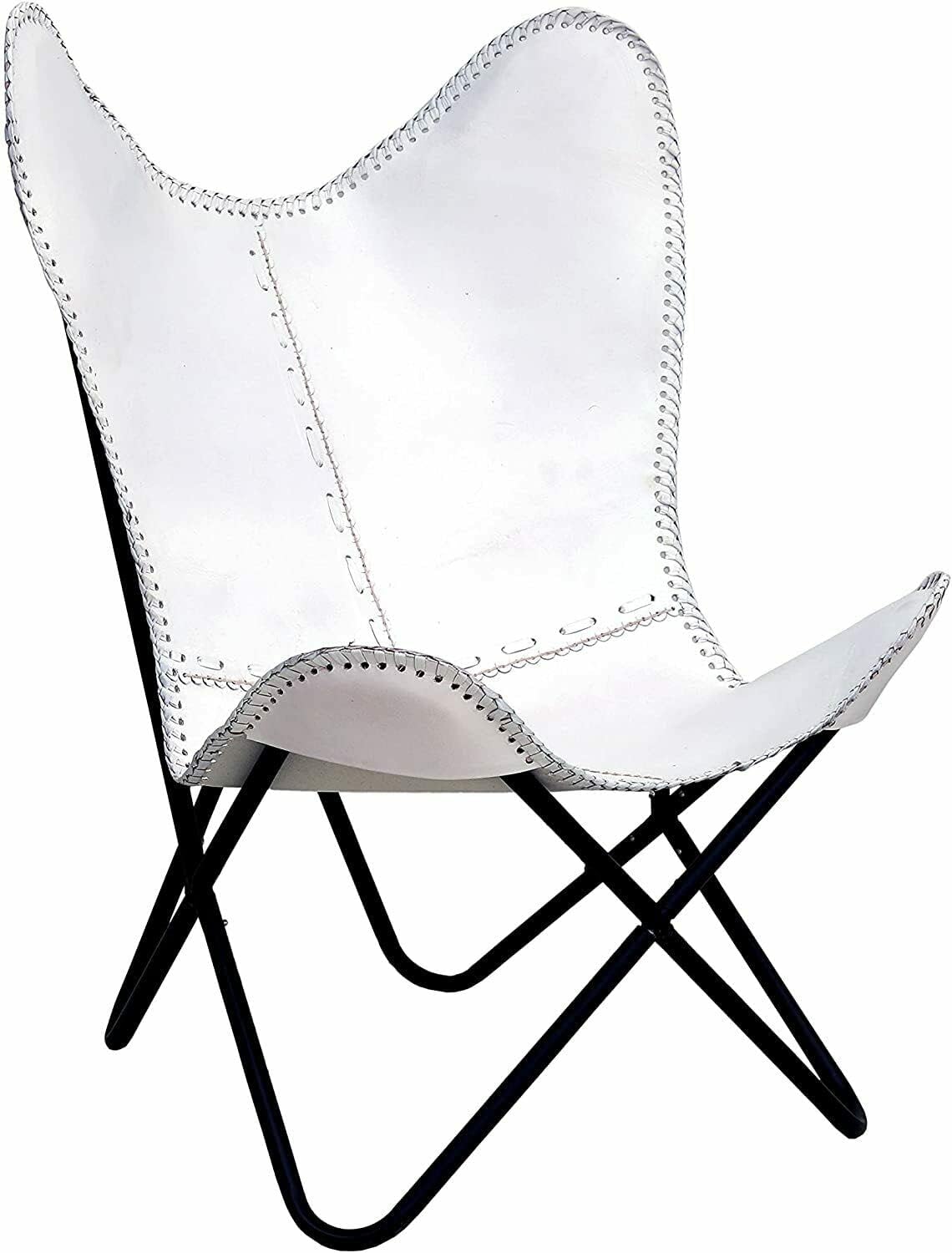 Vintage Leather Butterfly Salu Chair | Leather Handmade Chair for Lounge Accent Outdoor and Indoor Home Décor, Relax Arm Chairs (White Fold-able Stand)