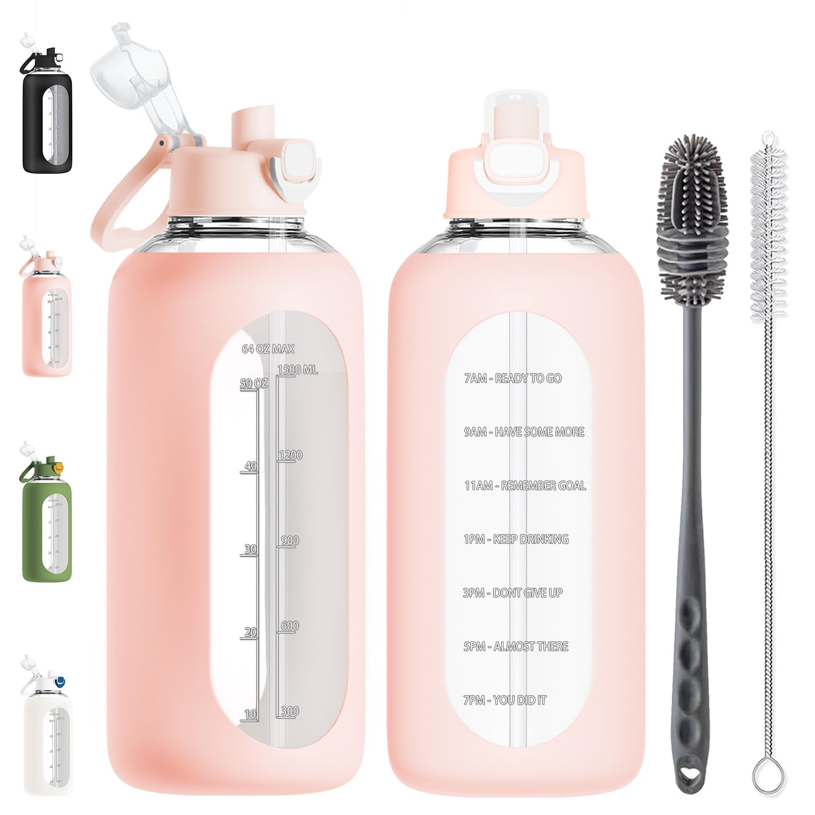RNCKUUE 2 Liter Trinkflasche aus Glas, 2l Glasflasche, Wasserflasche Glas mit Strohhalm, Flaschenbürste, Pink Sport & Freizeit