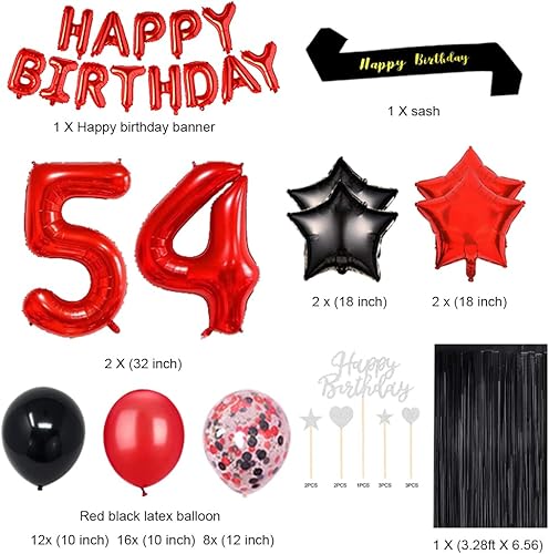 Miniatura 2 de Suministros de decoración de fiesta de cumpleaños número 54, globos rojos y negros, decoración de pastel de feliz cumpleaños, papel de aluminio,