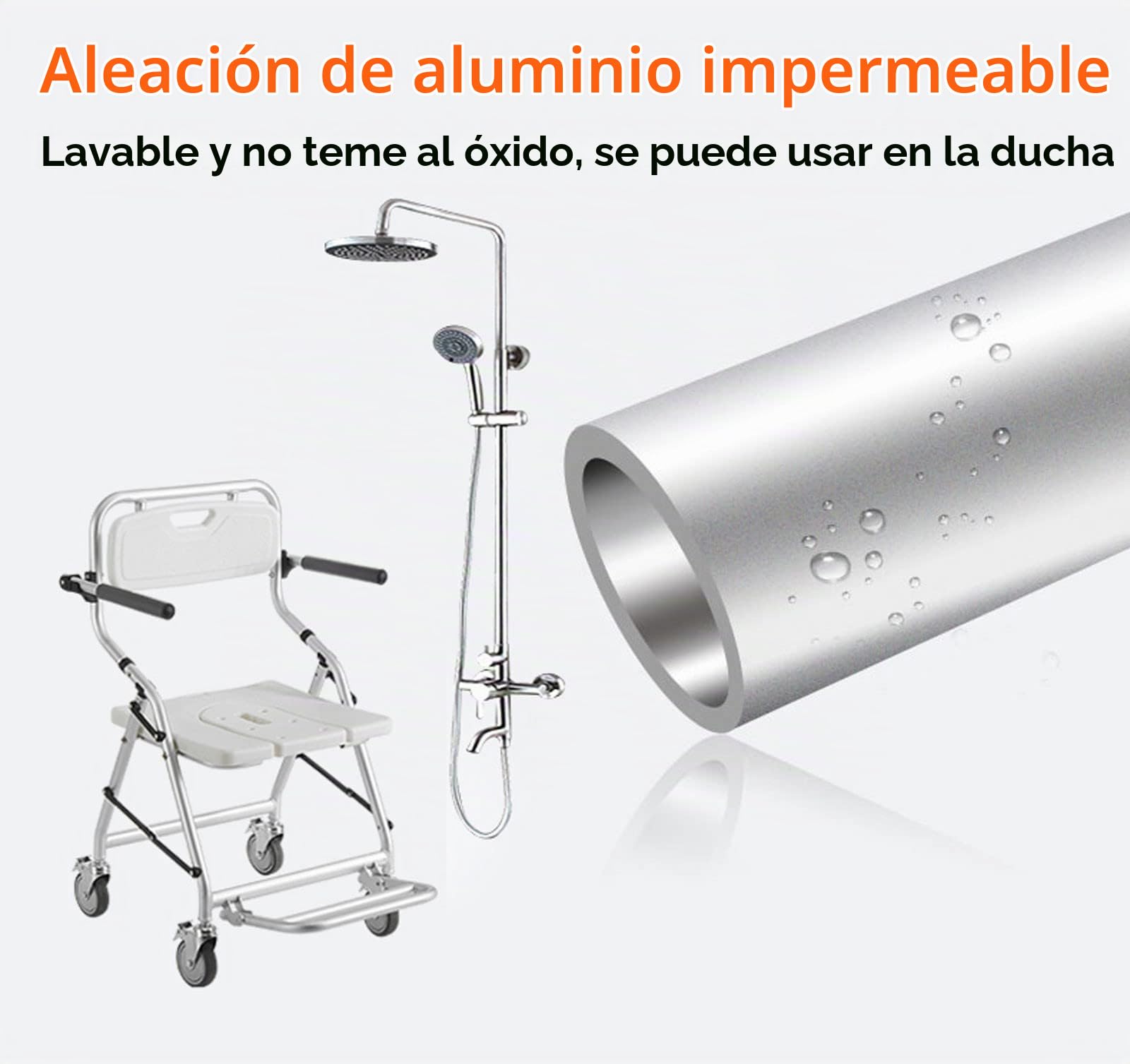 Silla para Ducha con Ruedas, Taburete de Ducha Plegable con Rueda de Freno Giratoria de 360° y Diseño Hueco en Forma de U, Silla de Baño para Ancianos y Mujeres Embarazadas, Aleación de Aluminio