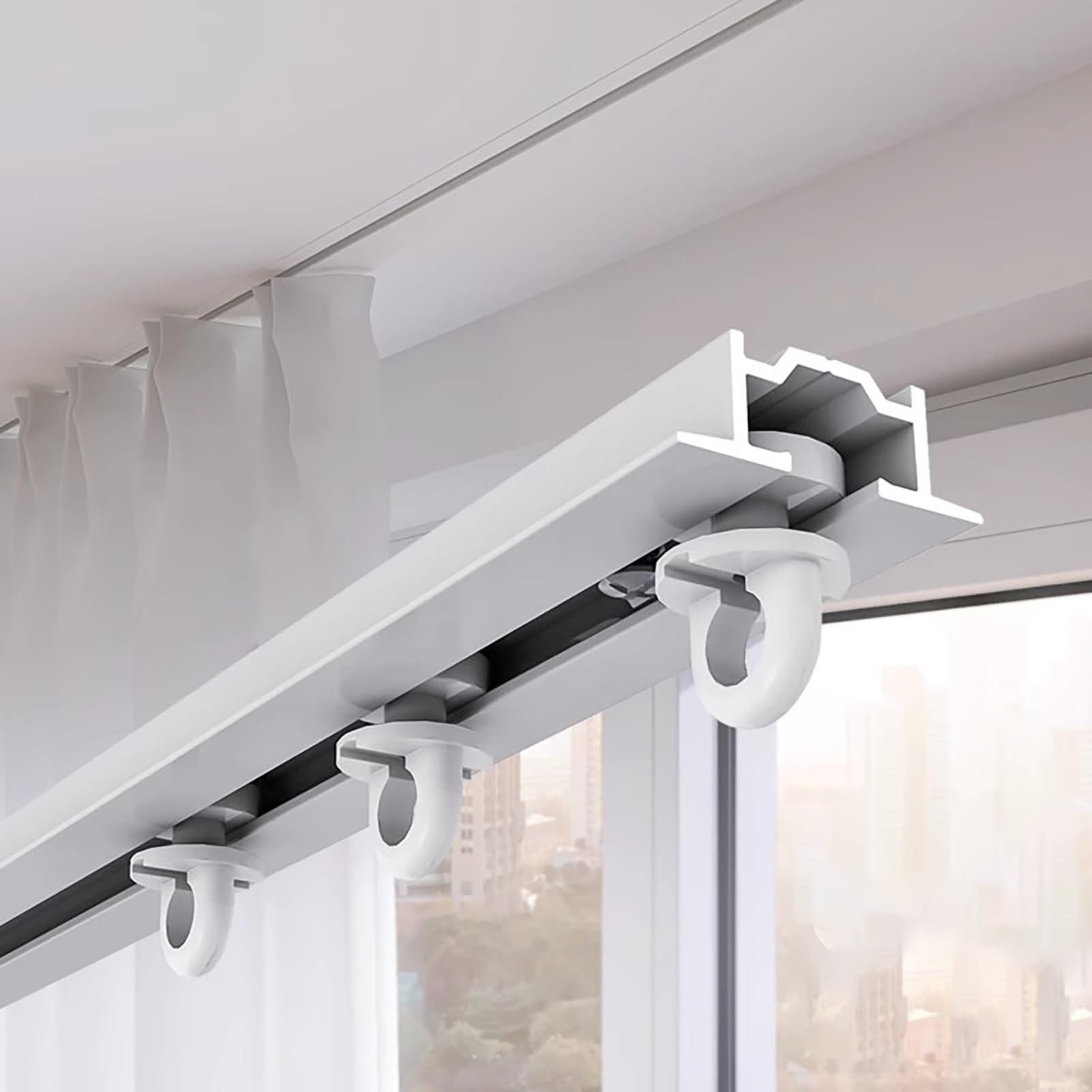 Rail Rideaux Plafond Kit de Rail Coulissant pour Rideaux Encastrés et Cachés, Système de Rail de Rideau de Plafond en Métal Occultant, Support de Tringle à Rideau Encastré pour Salon / Cuisine(1.2m/3.