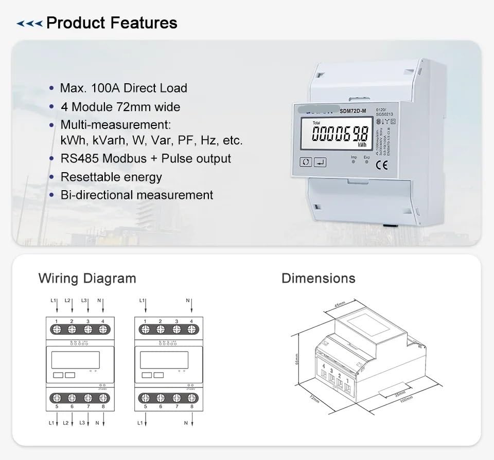 SDM72D-M MID 220/230V 10(100) A, 3 Phase 4 Wire, Din Rail Energy Meter, Electrical Instruments Energy Meter
