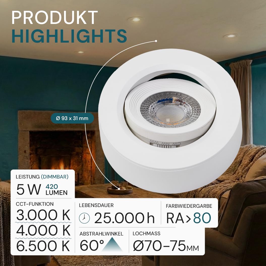 LUXULA LED Einbaustrahler dimmbar flach Weiß 6 Stück - Ein-/Aufbauspot 230V, Deckenleuchte 60° schwenkbar, 5 W 420 lm, CCT 3000K 4000K 6500K, Lochmaß 70-75mm, Deckenspots, LED Aufbaustrahler