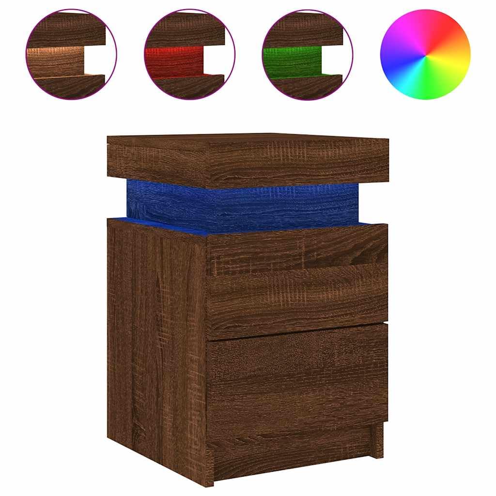 Stolik nocny z diodami LED, brązowy wygląd dębu, 35 x 39 x 55 cm, nowoczesny stolik pomocniczy do sypialni, salonu, stabilny materiał drewnopochodny