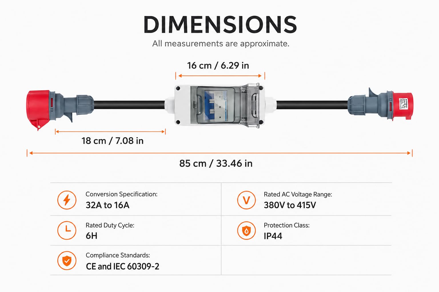 Adaptador CEE de 32 A a 16 A, IP44, 400 V, corriente de alta potencia de 3 fases, 5 polos, para caravanas, autocaravanas, obras