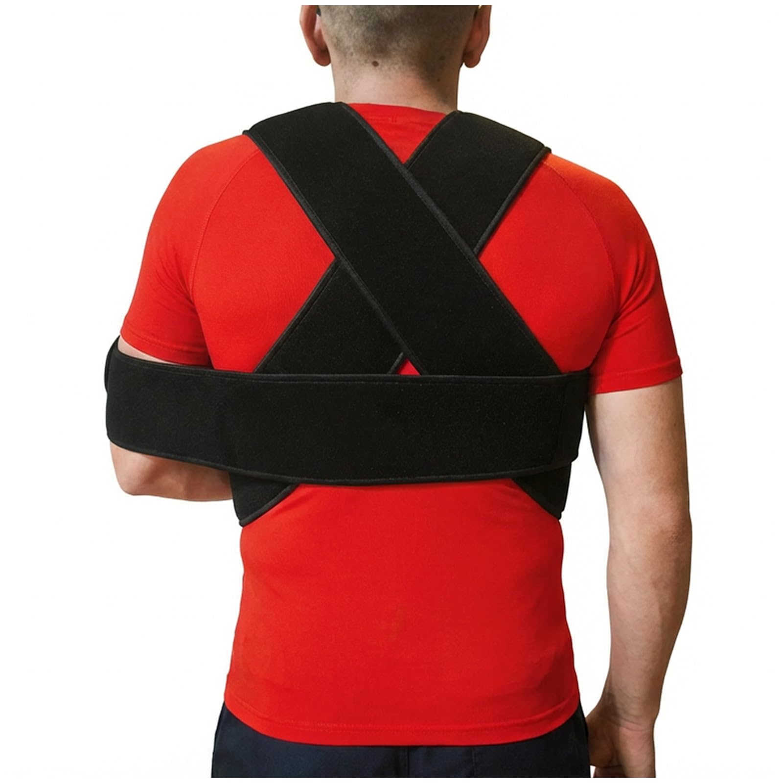 Schulterbandage & Armschlinge mit Brustgurt - Medizinprodukt hergestellt in EU - Schulterorthese zur Ruhigstellung nach OP, Luxation oder Fraktur links & rechts tragbar, Schwarz (XS–M)