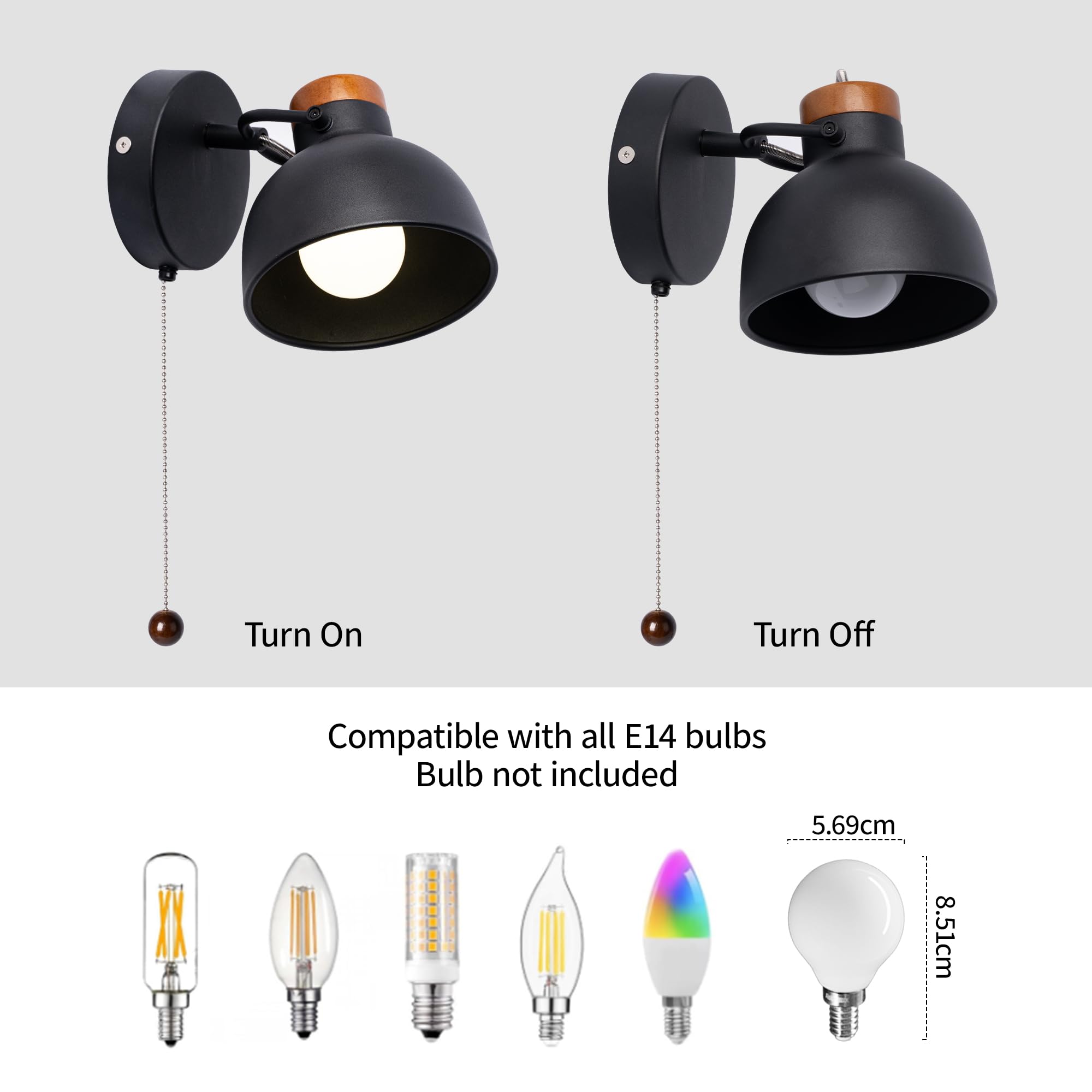 Aisilan Pull Cord Wall Light for Bedroom Adjustable Wooden & Metal Wall Lamp with Black Shade - Image 3