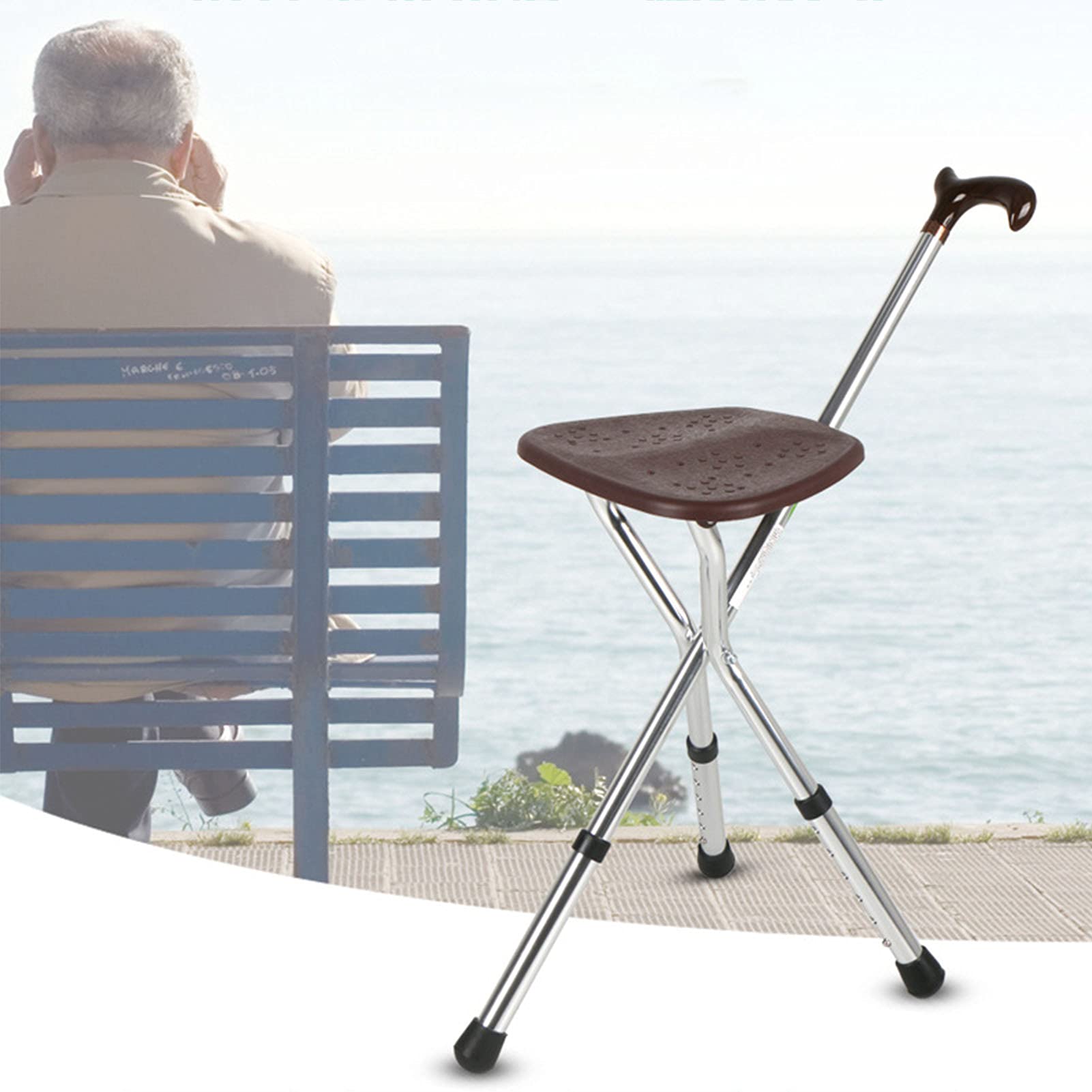 Sedile pieghevole per bastone da passeggio, sedia in canna di alluminio regolabile in altezza, sgabello con stampella massaggiante, sedili in canna a 3 gambe, bastone da passeggio altamente regolabi