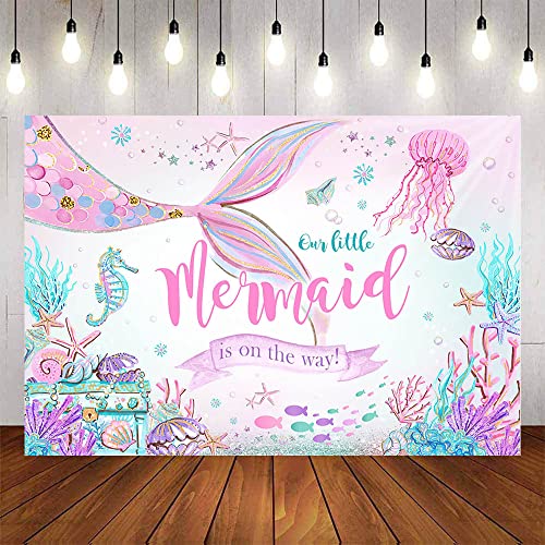 Mermaid Baby Shower Backdrop Little Mermaid Under The Sea Baby Shower Photography Background Glitter Mermaid Tail Seashell