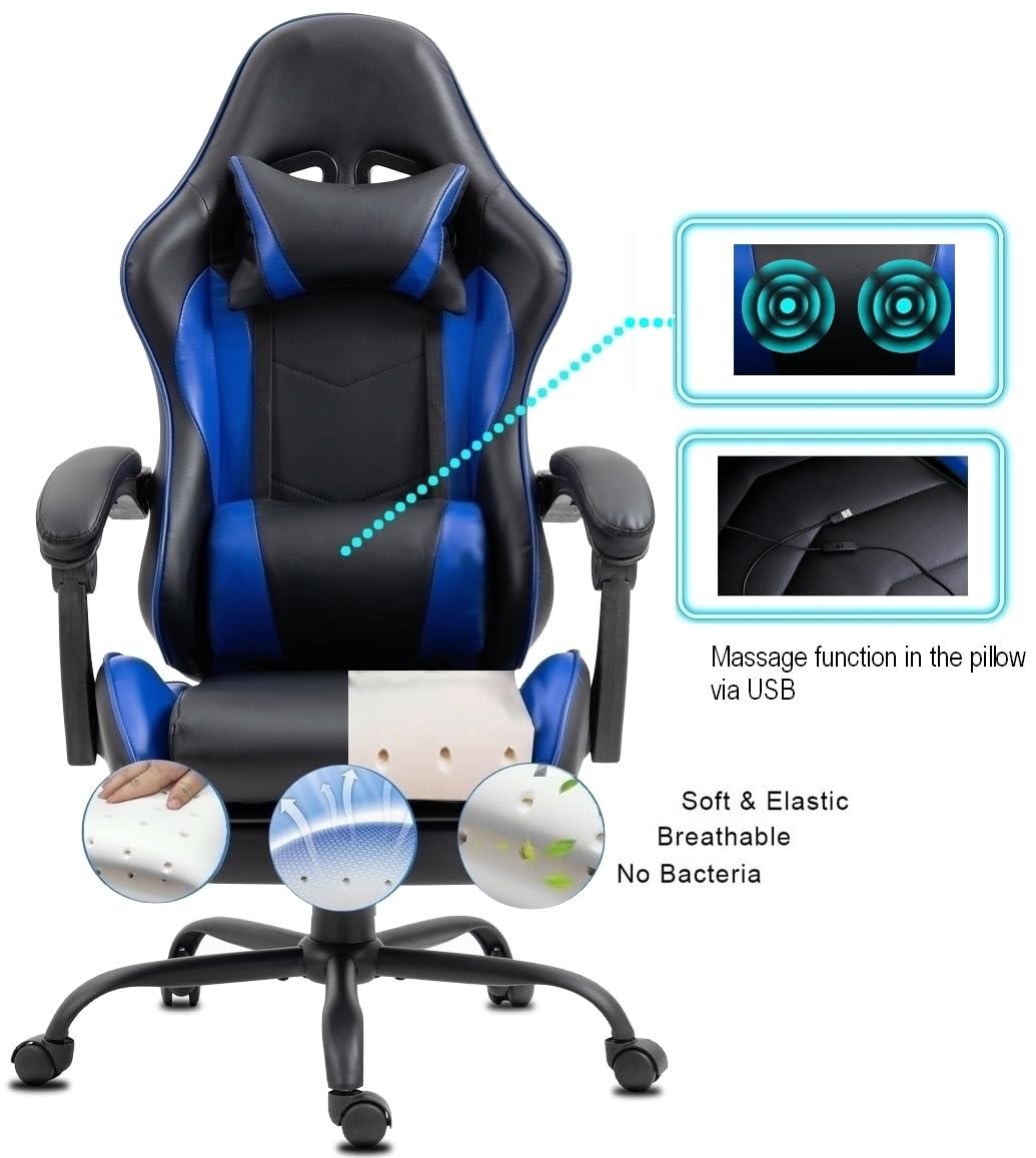 Gemani Office Chair, Gaming Chair, Massage Function, USB Gaming Chair, Ergonomic Gamer Chair with Footrest, Headrest, Lumbar Cushion, Swivel Chair, 02-0042 (White