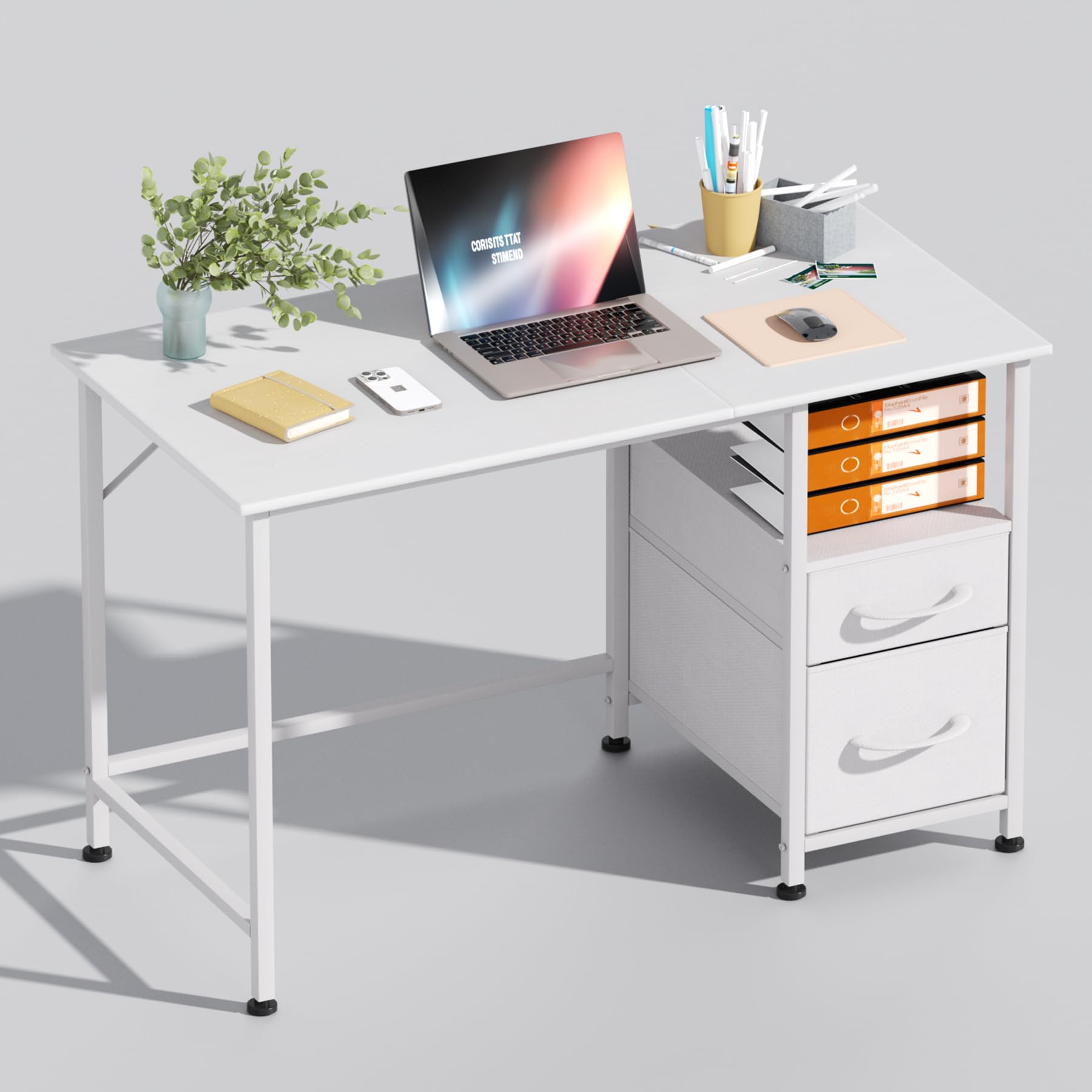 White Small Desk with Drawers, 40 Inch Small Home Office Desks with Storage Shelves, Study Writing Table for Home Office Small Space, Modern Work Desk for Bedroom,White