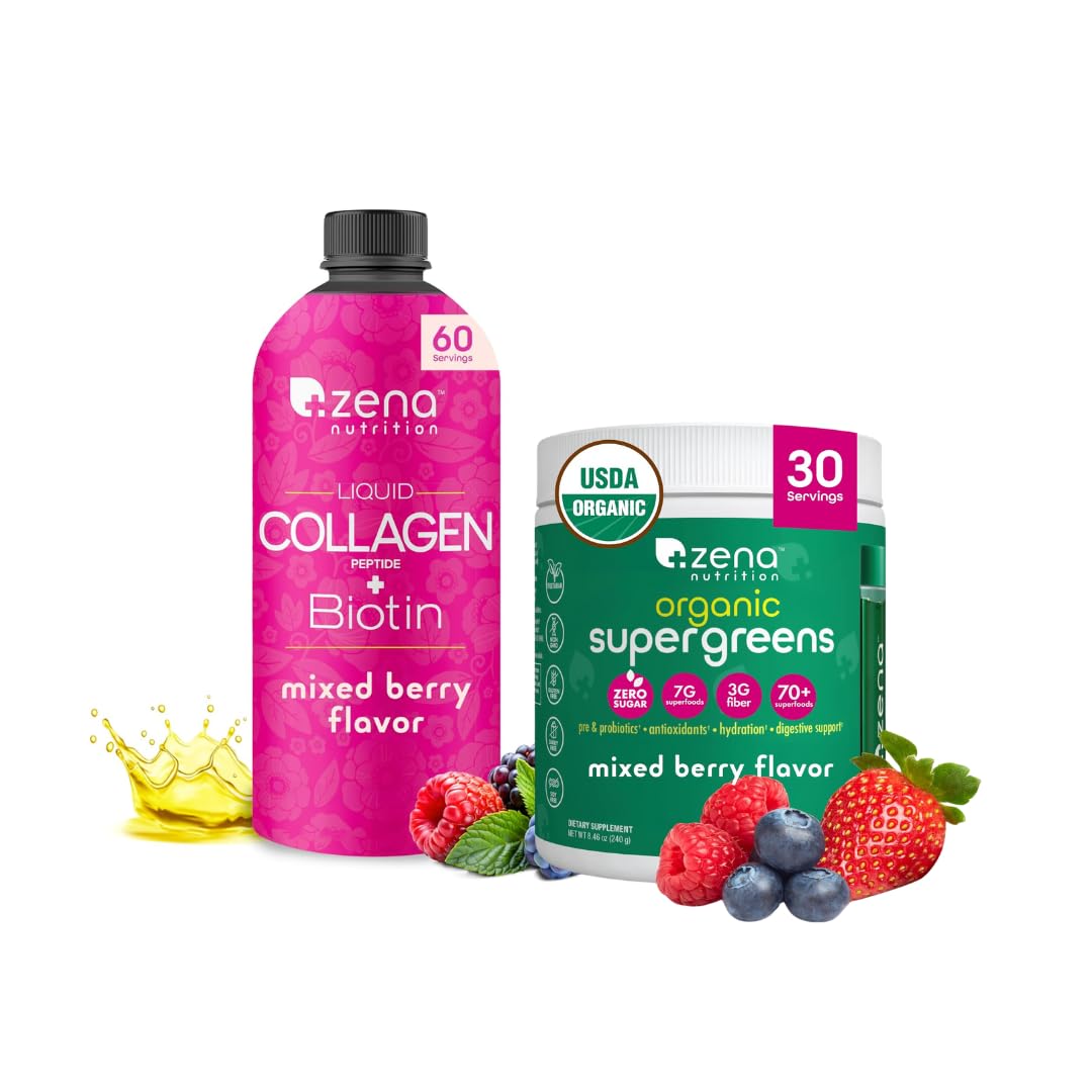 Zena Nutrition Liquid Collagen Peptides and Biotin Mixed Berry 20 3 Fl Oz Organic Supergreens Greens Powder 70
