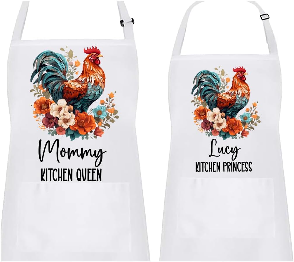 Floral Chicken Rooster Baking Apron - Mommy and Me Matching Chef Aprons, Adjustable Neck with Pockets, Gift for Mom Grandma