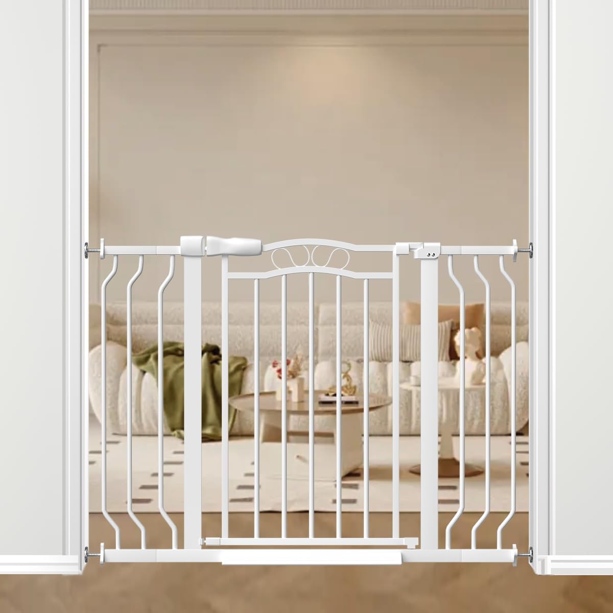 29.5-43.7″ Wide Baby Gate for Stairs No Drilling, 30″ Tall Metal Pet Baby Safety Gates with Expansion Kit, Press Mounted Dog Gate Indoor for Kids, Walk Through Dog Gates for Doorways, White