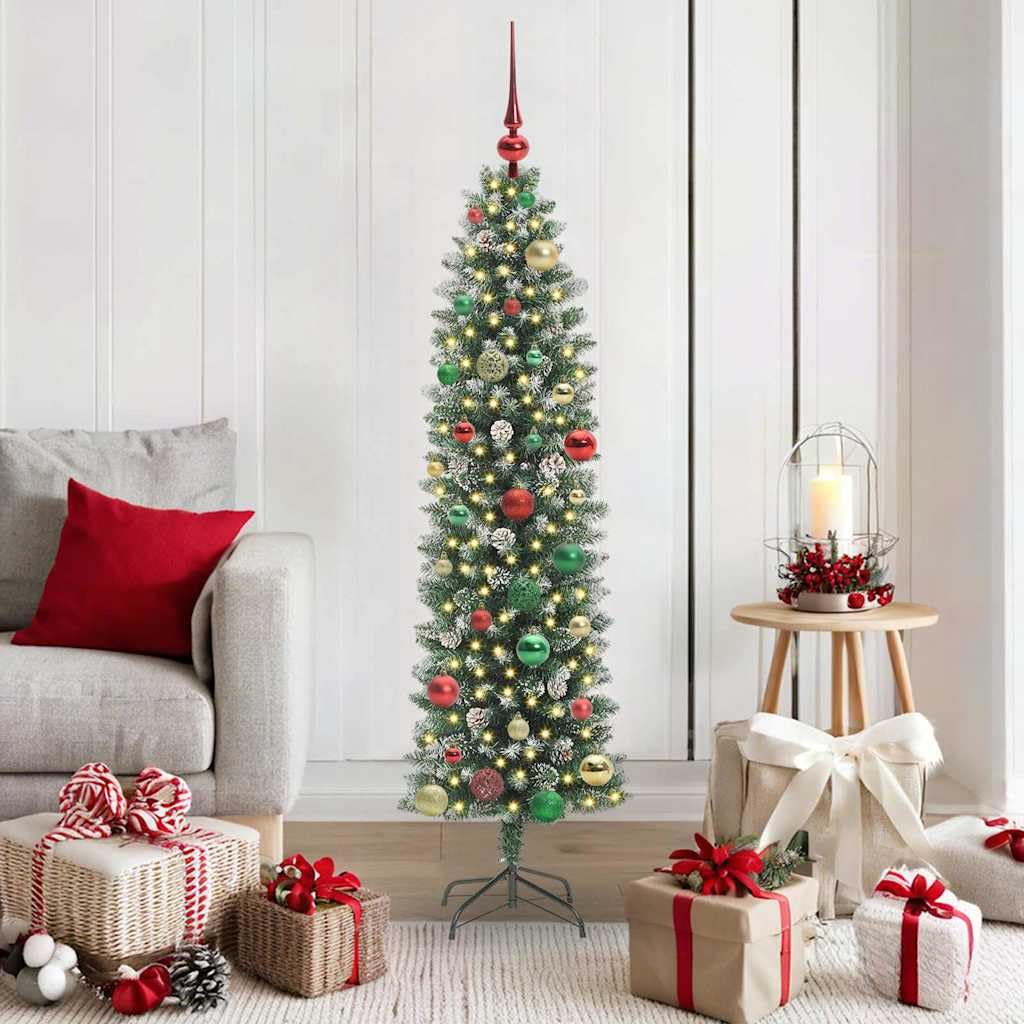 Albero di Natale artificiale sottile verde bianco 150 cm con 150 luci LED bianco caldo, 8 modalità, punte in PVC, ideale per interni, decorazione festiva