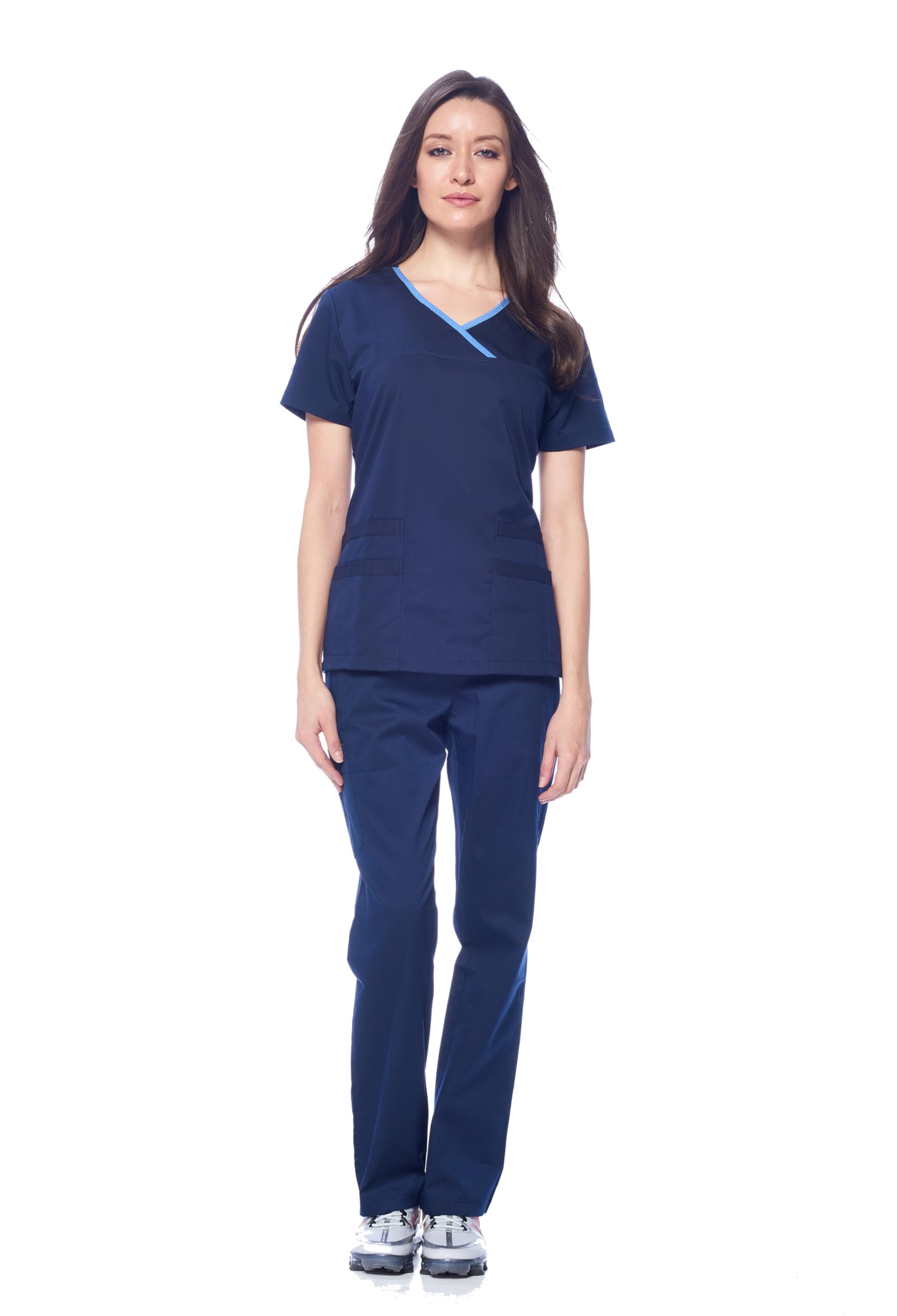 Dagacci Medical Uniform Women's Navy Scrub Set Stretch Contrast Binding Top And Pants - Blue - XX-Small