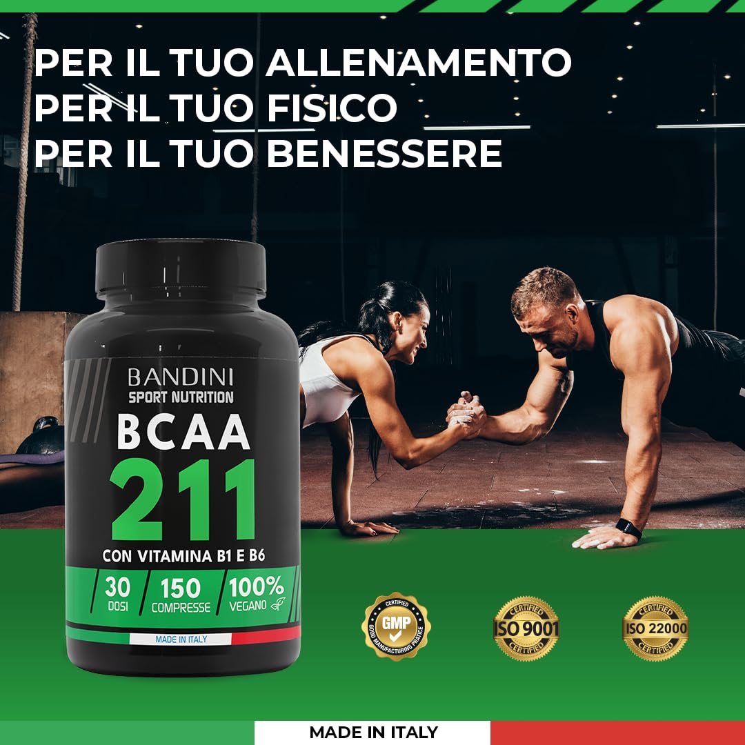 Bandini® AMINOACIDI RAMIFICATI BCAA 2 1 1 | 150 Compresse Aminoacidi Ramificati Fermentati con Vitamina B1 e B6 | 2.1.1 con Leucina, Isoleucina, Valina | Intra Pre Post Workout - Per Palestra | Vegan