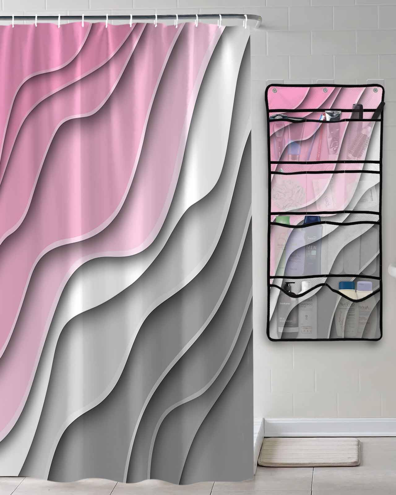 Shower Curtain Mesh Shower Organizer Hanging Set Abstract Beach Aesthetic Grey to Pink Gradient Waterproof Shower Curtains with