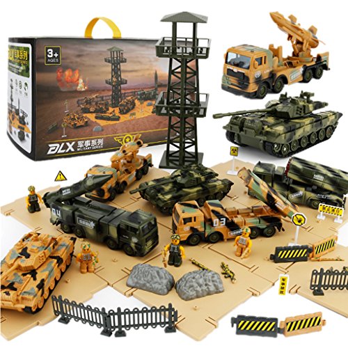 ZUKULIFE Militärfahrzeuge und Armee Schlachtplatz mit Aufbewahrungskiste, 6 Fahrzeuge, Scout Tower, Raketen-LKW, Tank… – Bild 4